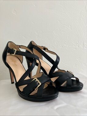 Cole Haan Black Leather Strappy High Heel Sandals with Gold Buckles